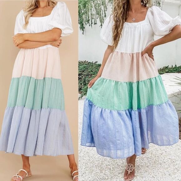 Anthropologie Aura Colorblock Puff Sleeve Midi Dress - Picture 1 of 8